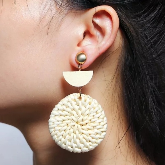 New Handmade Wooden Straw Round Drop Earrings - Picture 2 of 7